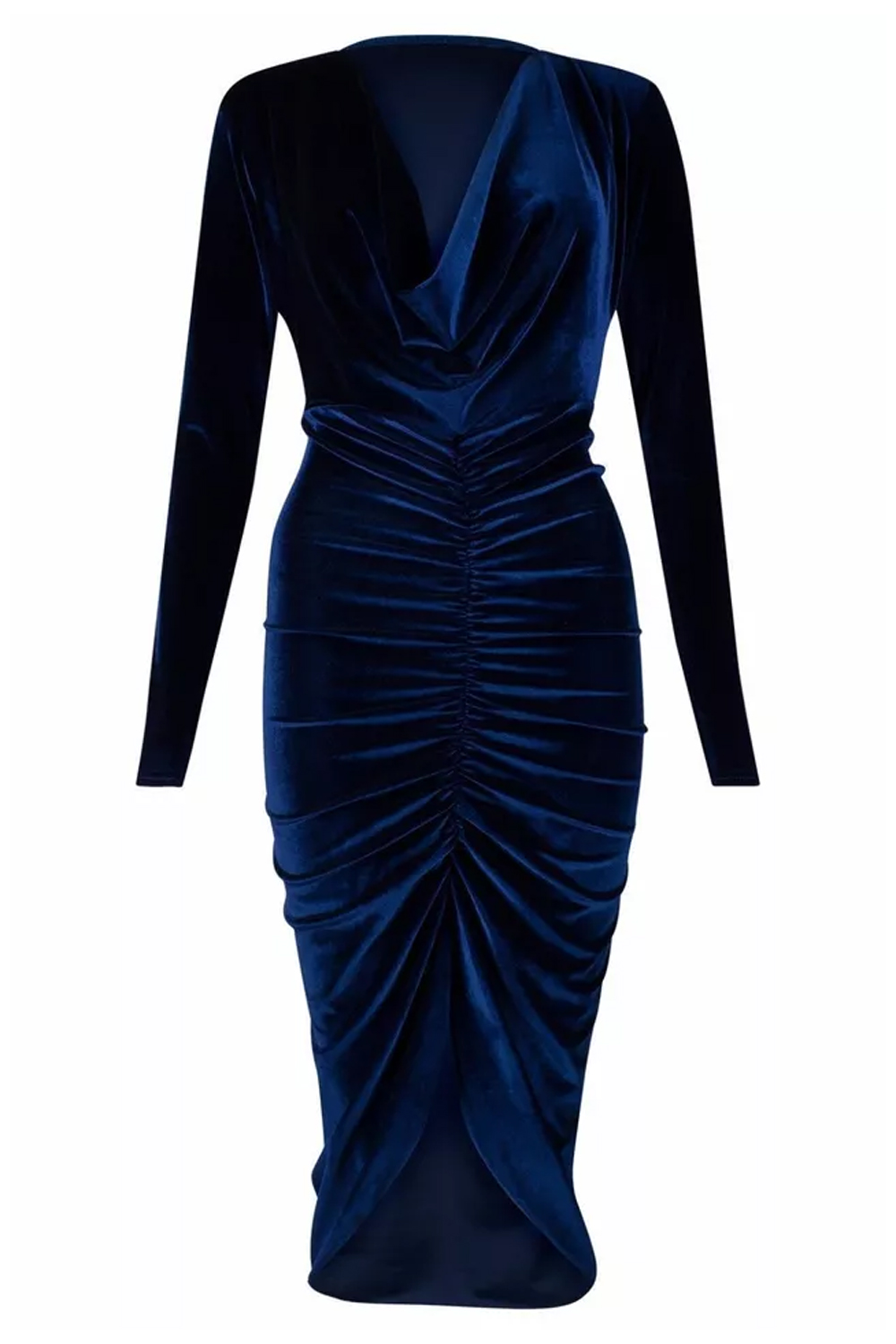 Women Navy Crushed Velvet Ruched Midi Dress with Long Sleeves