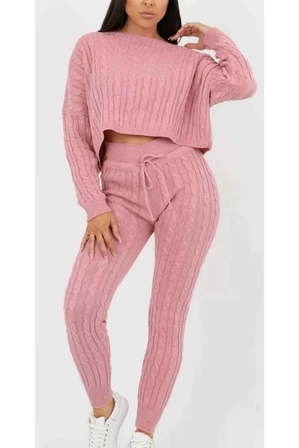 Women Pink Cable Knit Baggy Lounge Wear Tracksuit Set