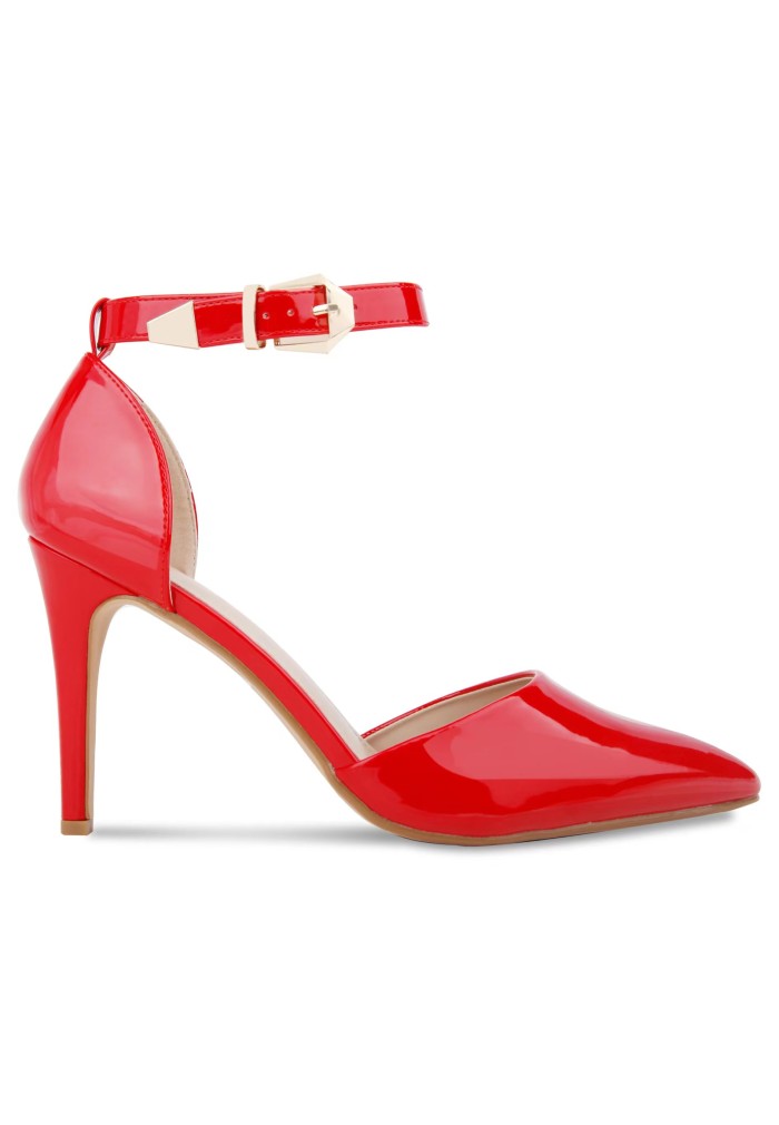 Women Pointy Toe Stiletto ankle strape court shoes Red Patent Plus