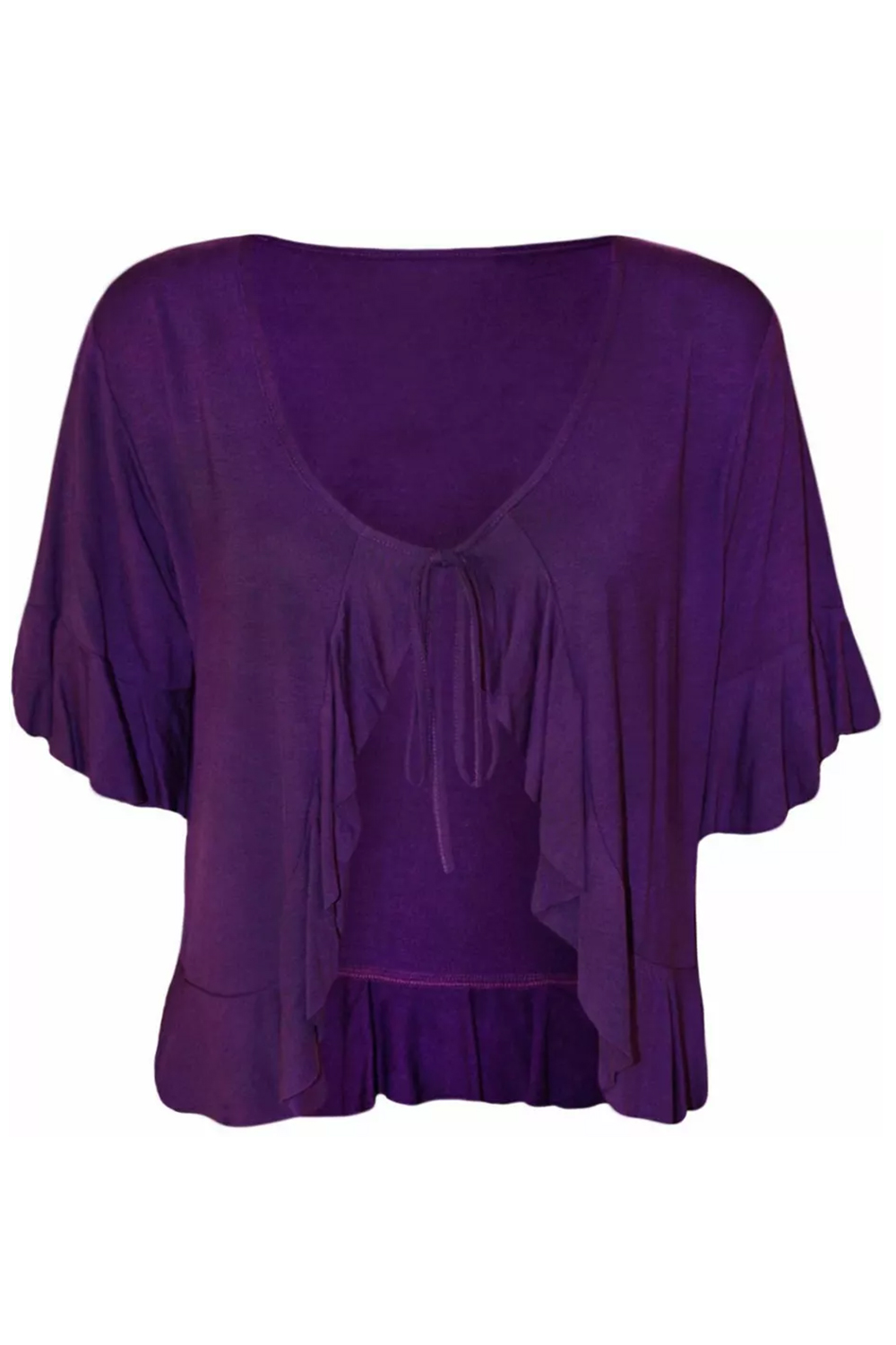 Women Purple Plus Size Frill Tie Front V-Neck Cardigan Shrug