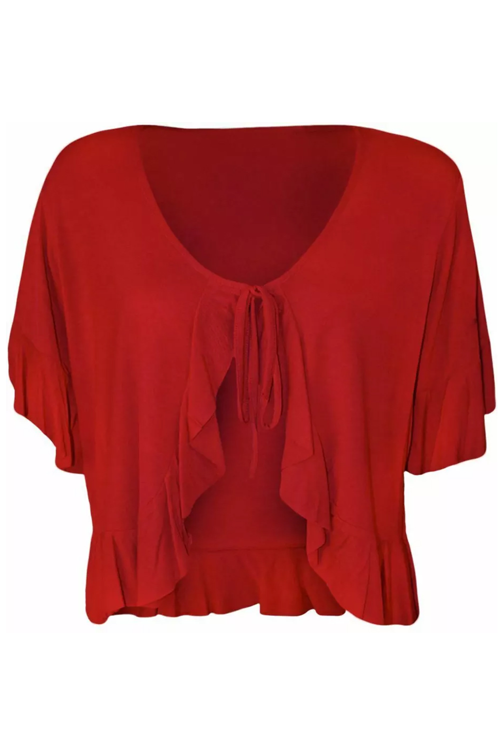 Women Red Plus Size Frill Tie Front V-Neck Cardigan Shrug