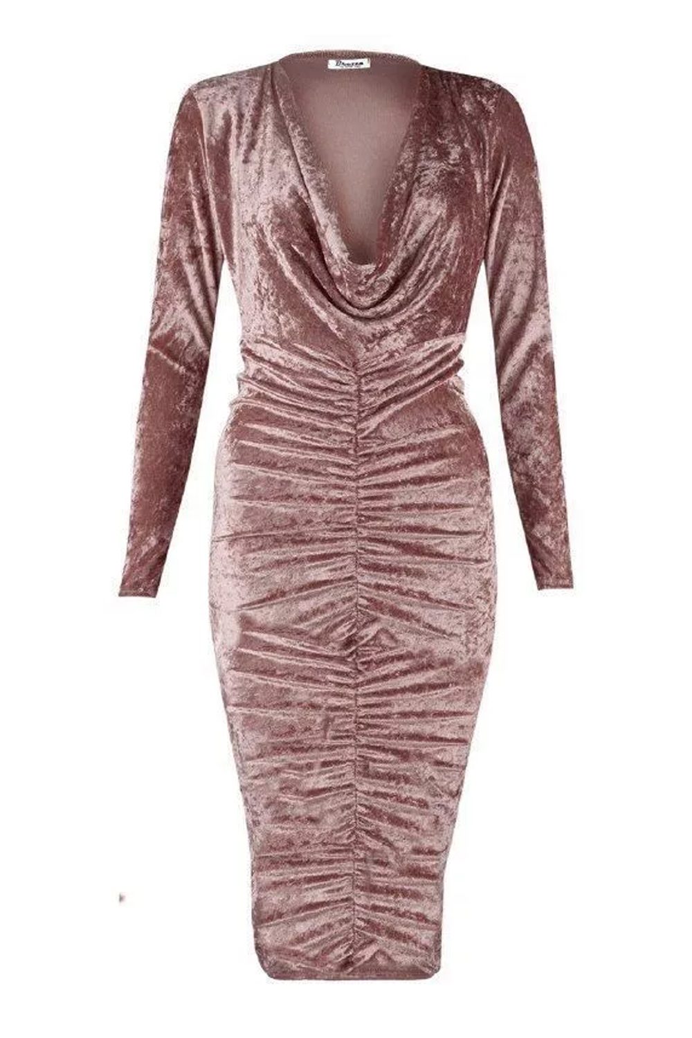 Women Rose Pink Crushed Velvet Ruched Midi Dress with Long Sleeves