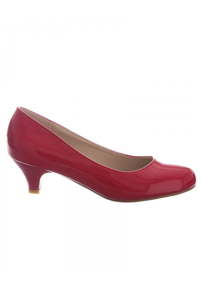Women Round Toe Kitten Heel Shoes Red Patent