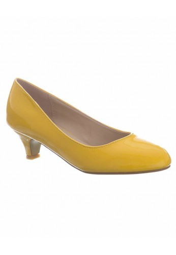 Women Round Toe Kitten Heel Shoes Yellow Patent