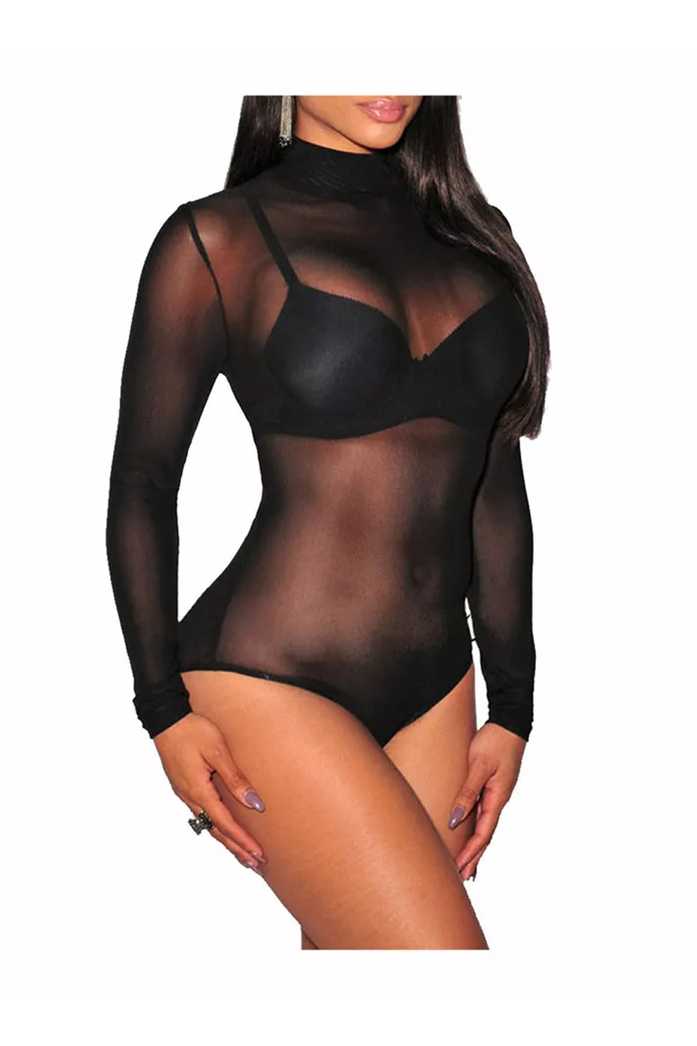 Women Sheer Mesh Polo Neck Long Sleeve Leotard