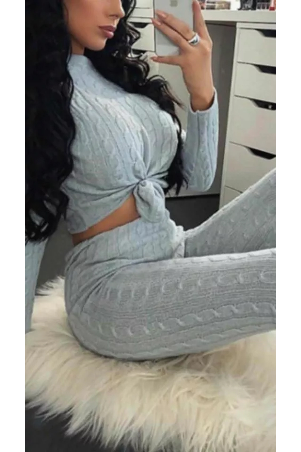 Women Silver Cable Knit Baggy Lounge Wear Tracksuit Set