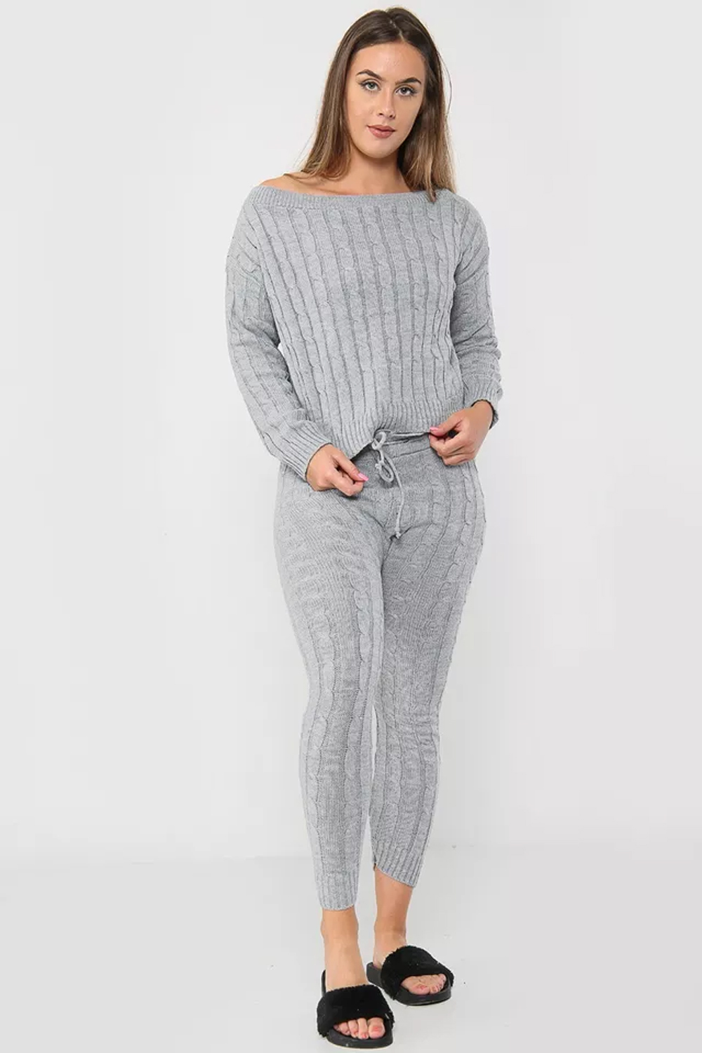Women Silver Cable Knit Lounge Wear 2 Pcs Tracksuit Set