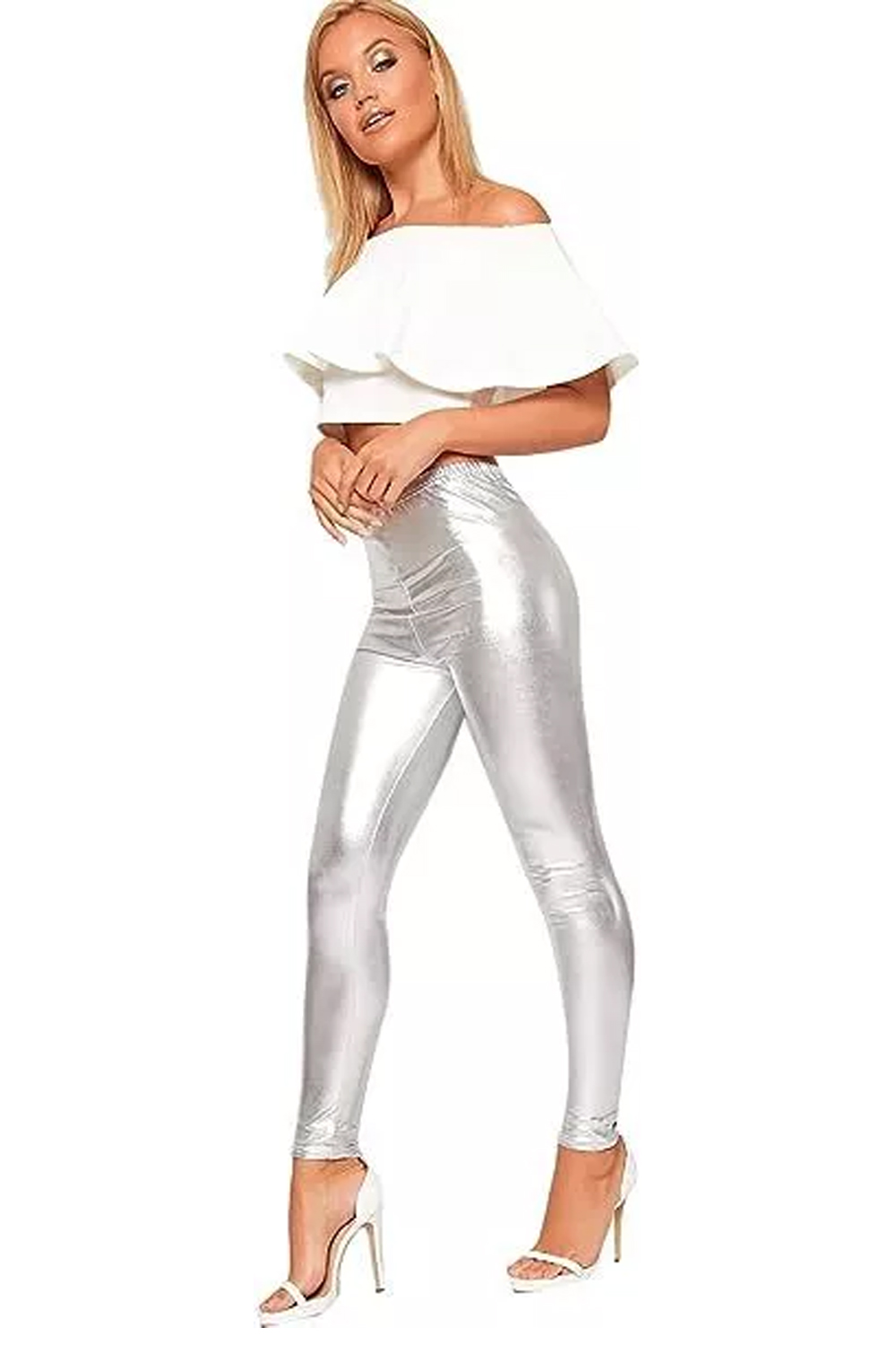 Women Silver Metallic Foil Legging Disco Pant