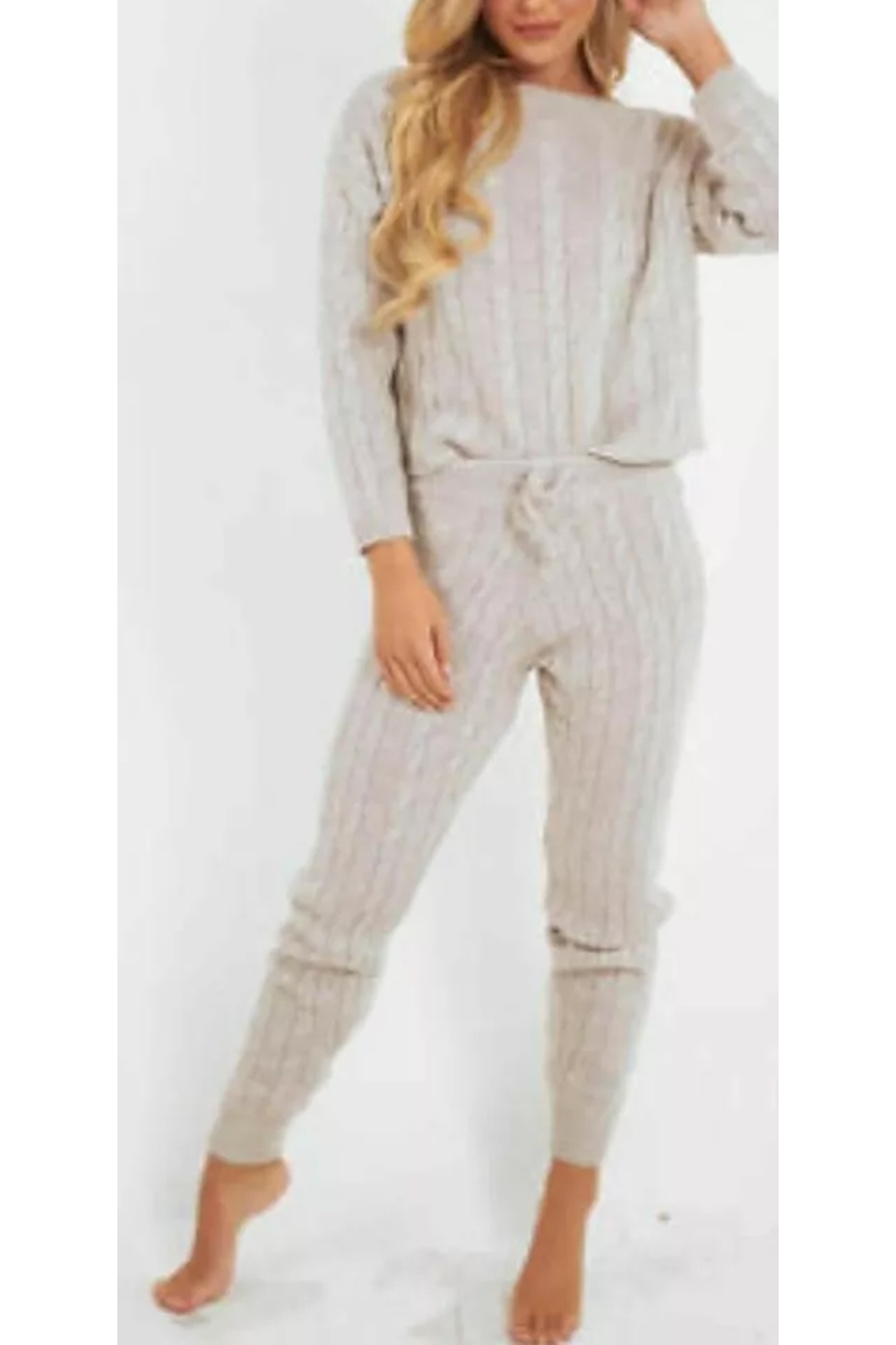 Women Stone Cable Knit Baggy Lounge Wear Tracksuit Set