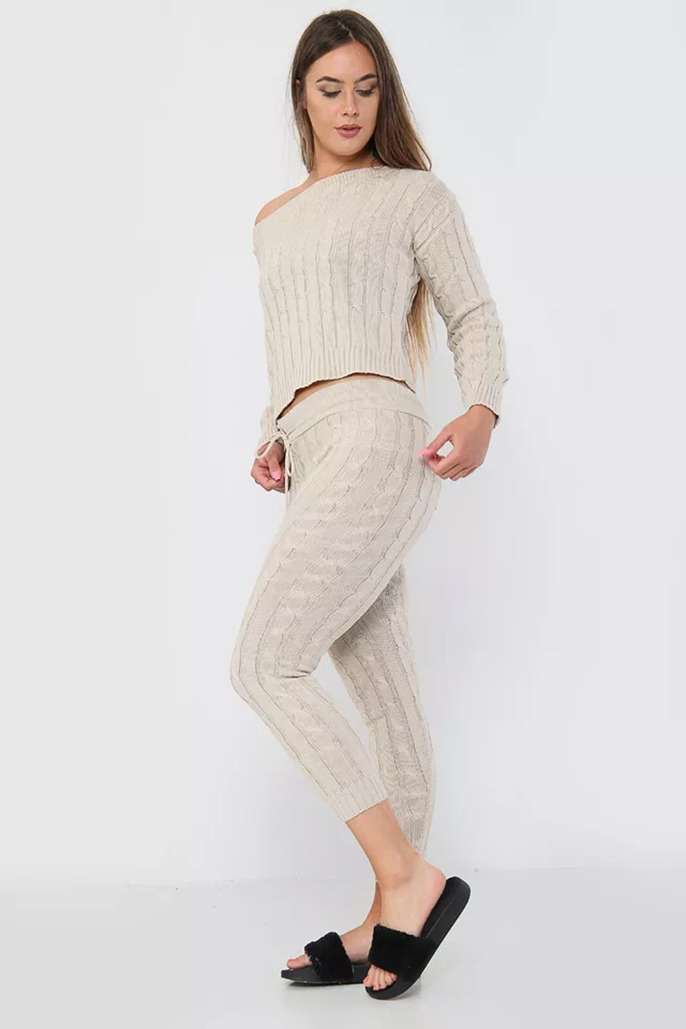 Women Stone Cable Knit Lounge Wear 2 Pcs Tracksuit Set