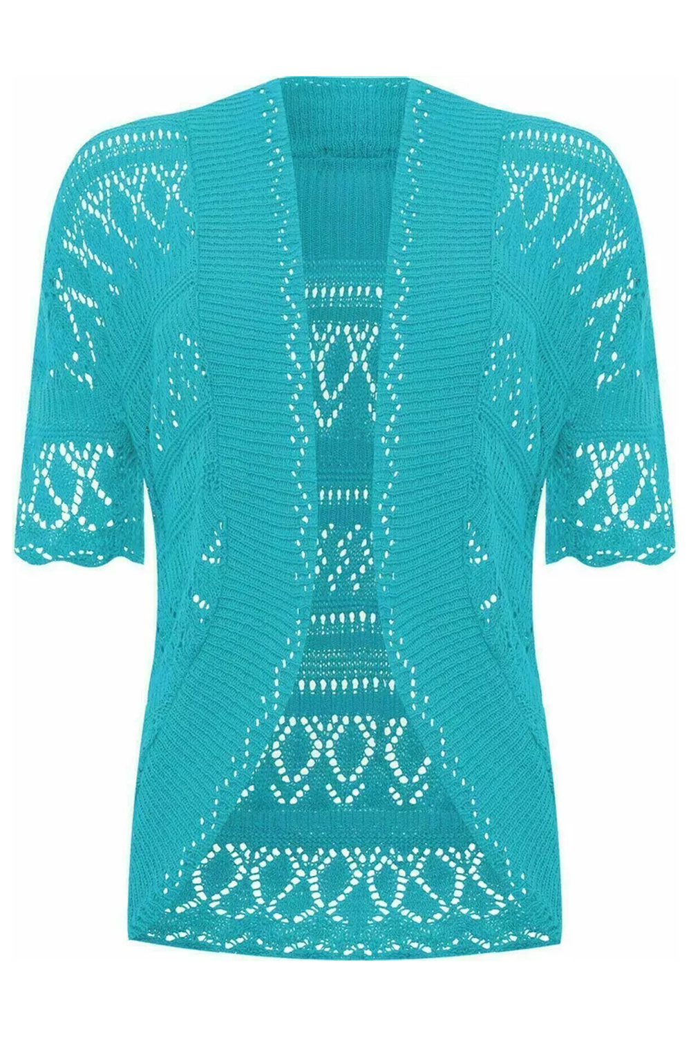 Women Turquoise Open Front Crochet Bolero Shrug Cardigan