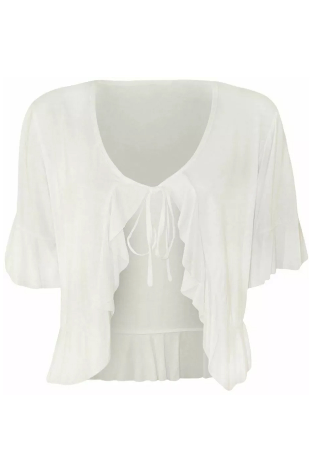 Women White Plus Size Frill Tie Front V-Neck Cardigan Shrug