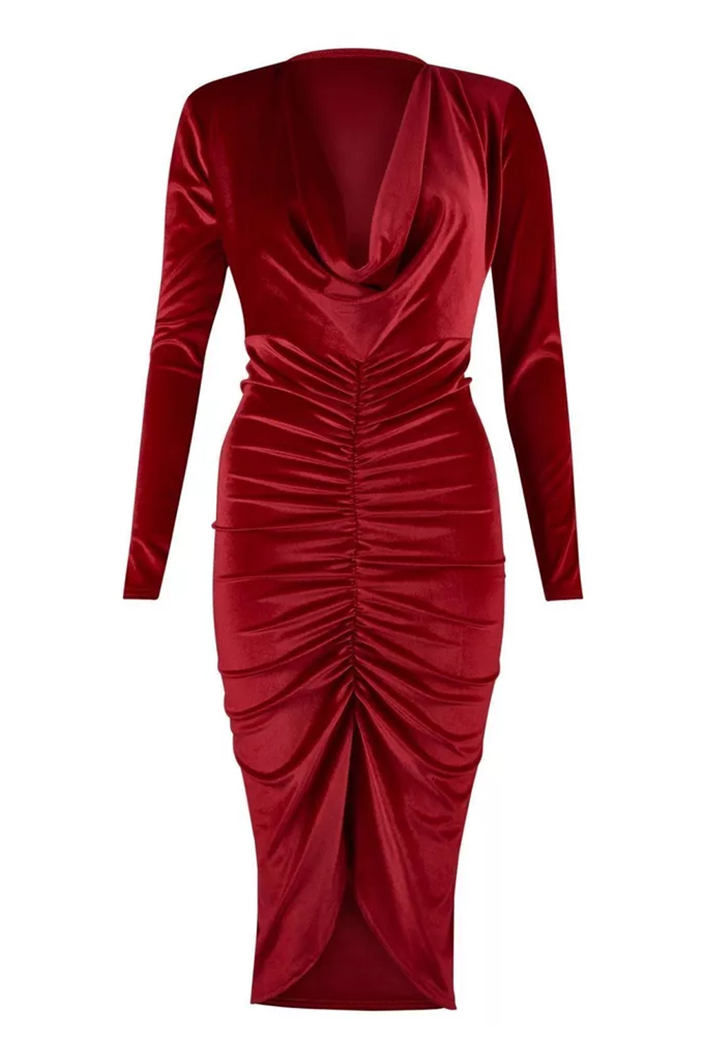 Women Wine Crushed Velvet Ruched Midi Dress with Long Sleeves