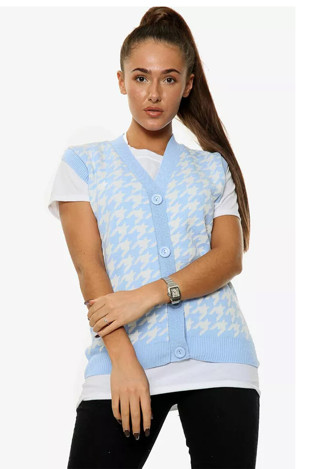 Women's Blue Dogtooth Print Sleeveless Knitted Cardigan