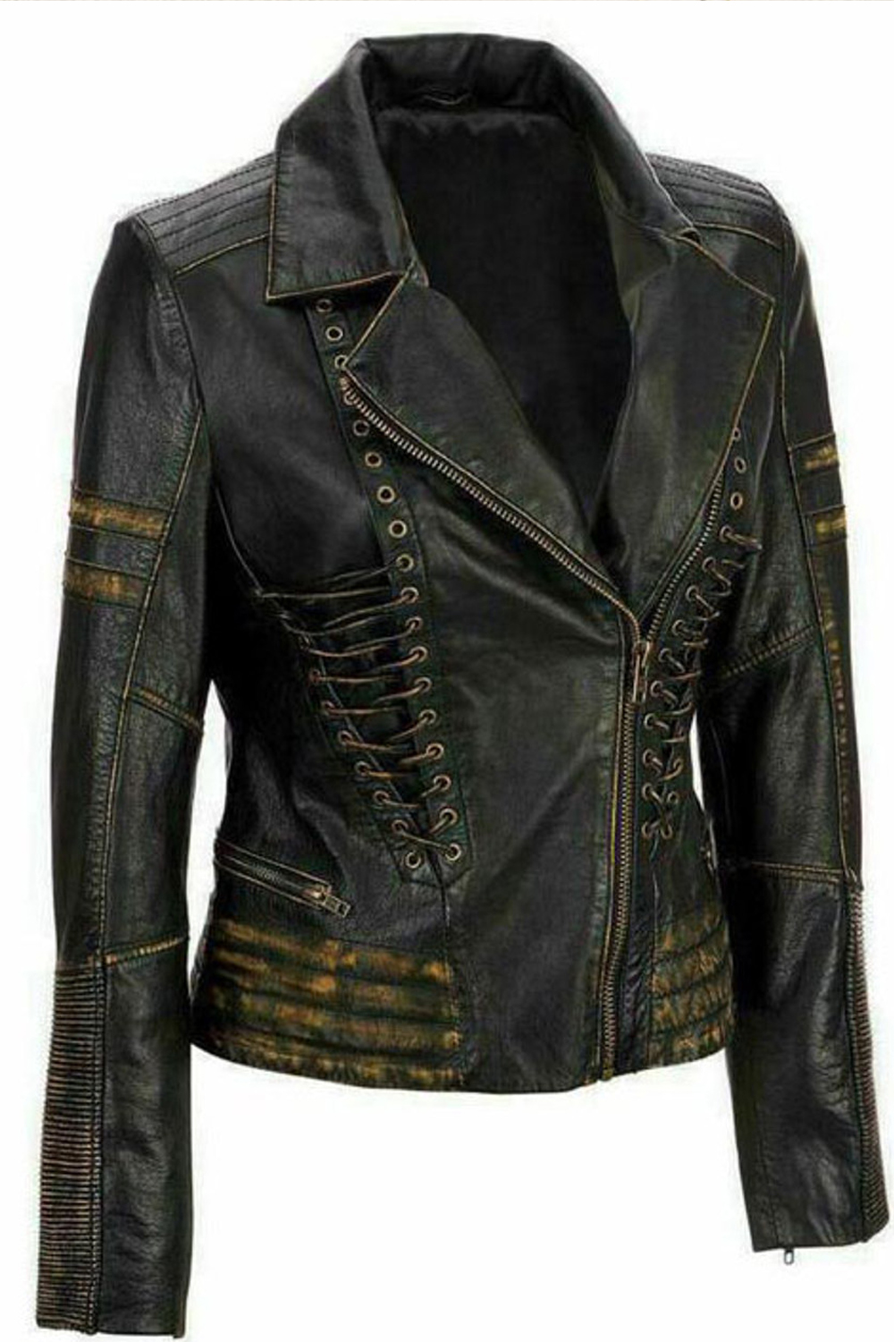 Women's Distressed sheepskin Biker leather jacket front and back laced