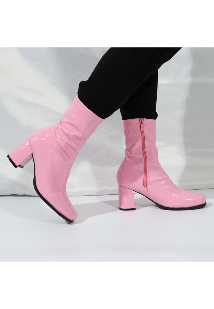 Womens Go Go Boots Mid Calf Block Heel Zipper ankle Boot Pink patent