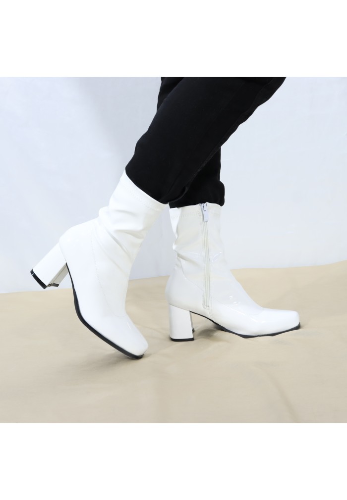 Womens Go Go Boots Mid Calf Block Heel Zipper ankle Boot White