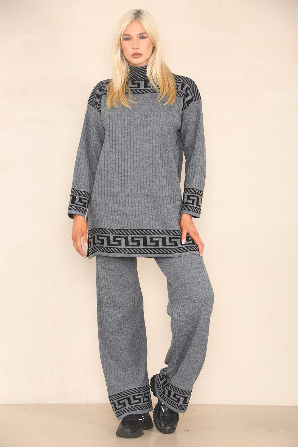 Women's High Neck & Slit Design Chic Geometric Ribbed Jumper Silver