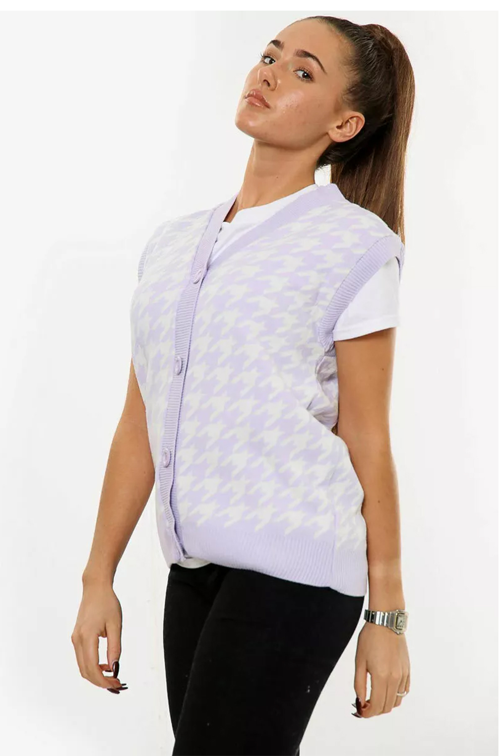 Women's Lilac Dogtooth Print Sleeveless Knitted Cardigan