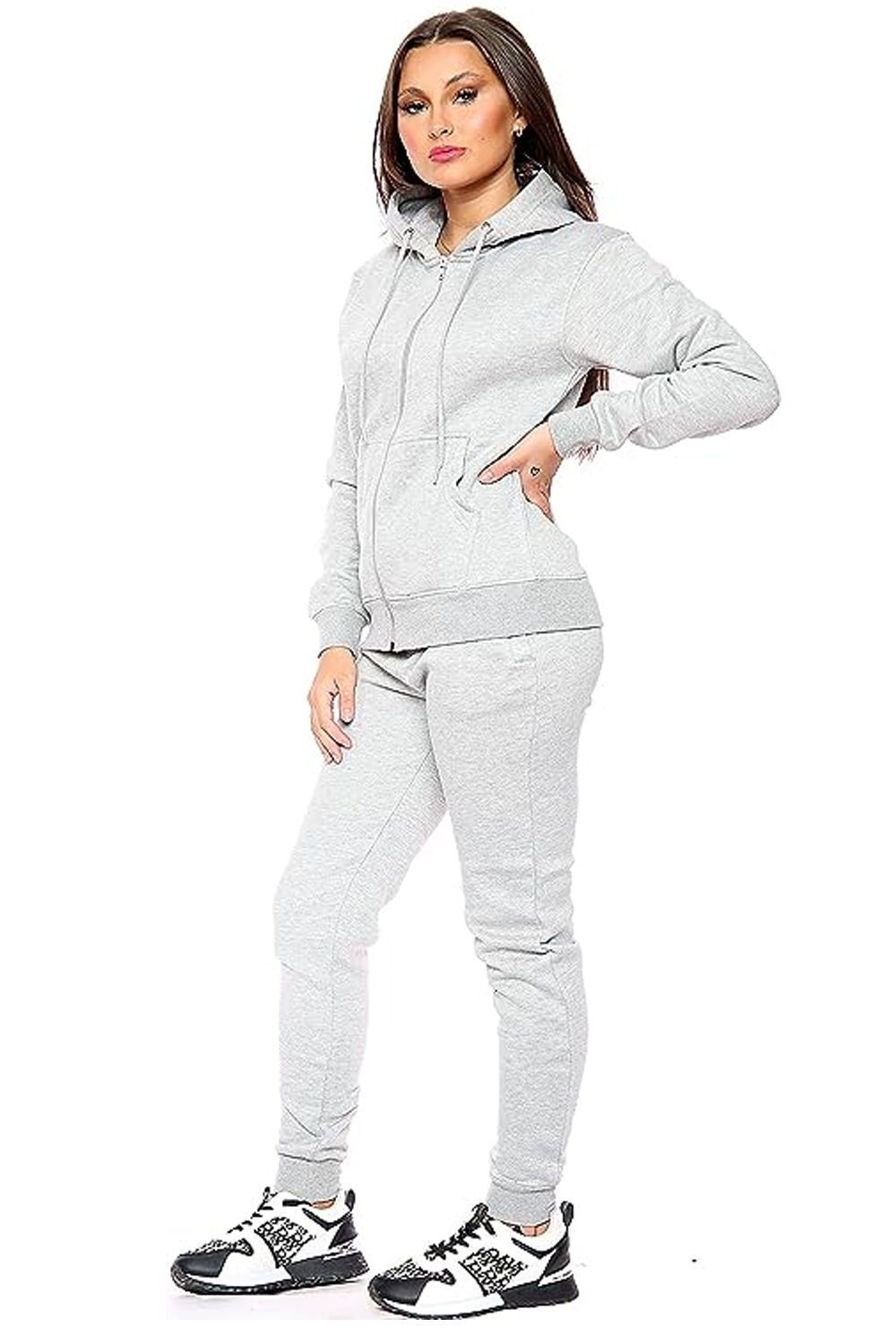 Women's Plain Tracksuit Hood Zip Top & Jogging Bottom Grey