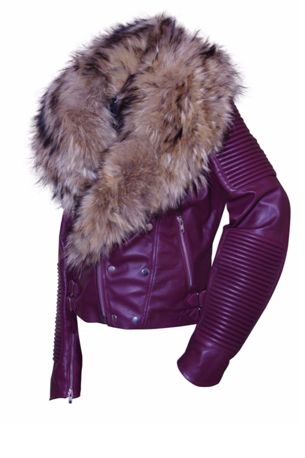 Women's Sheepskin Fashion Leather Jacket Burgundy Color with Sythetic Fur