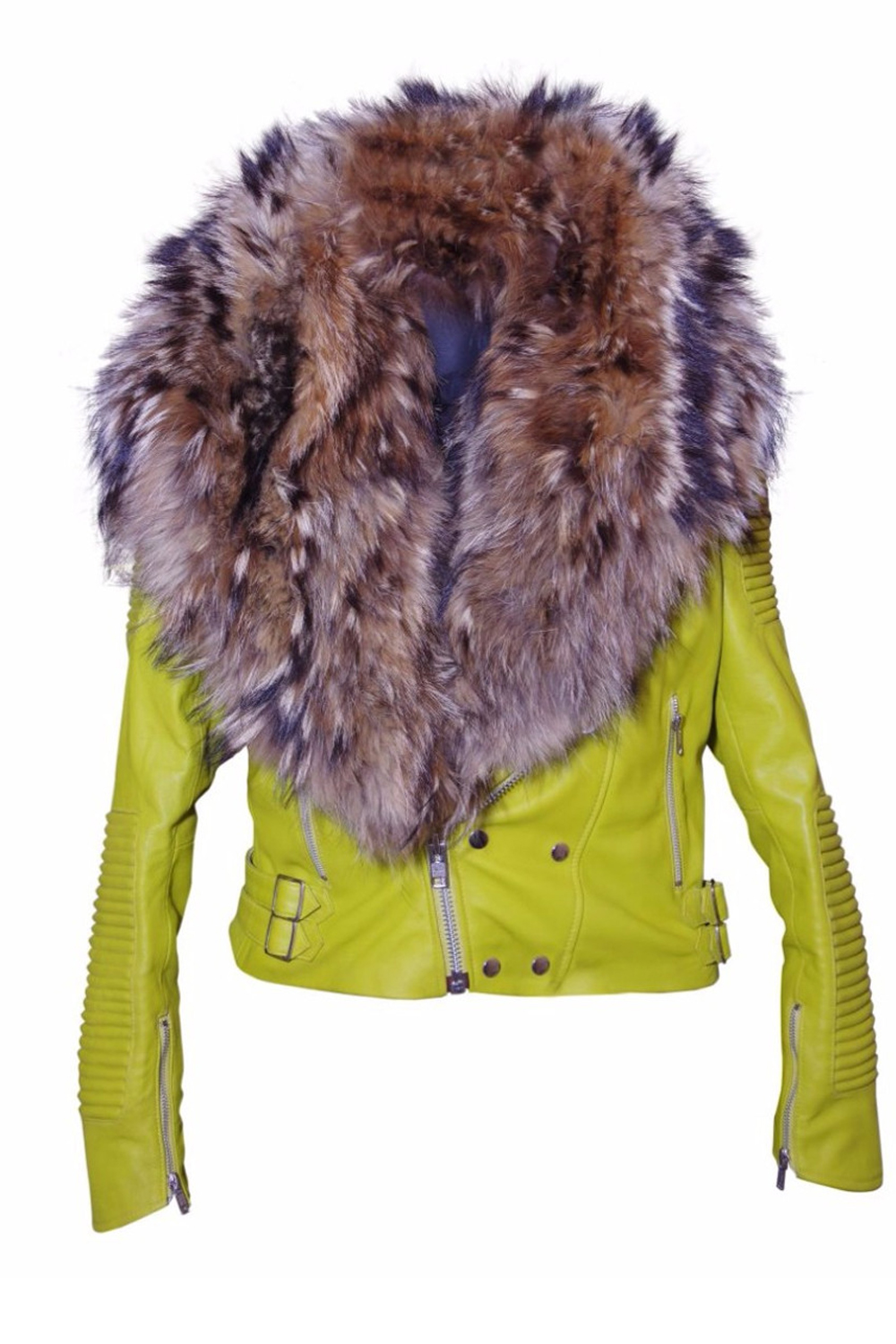 Women's Sheepskin Fashion Leather Jacket Lime Color with Genuine Sythetic Fur