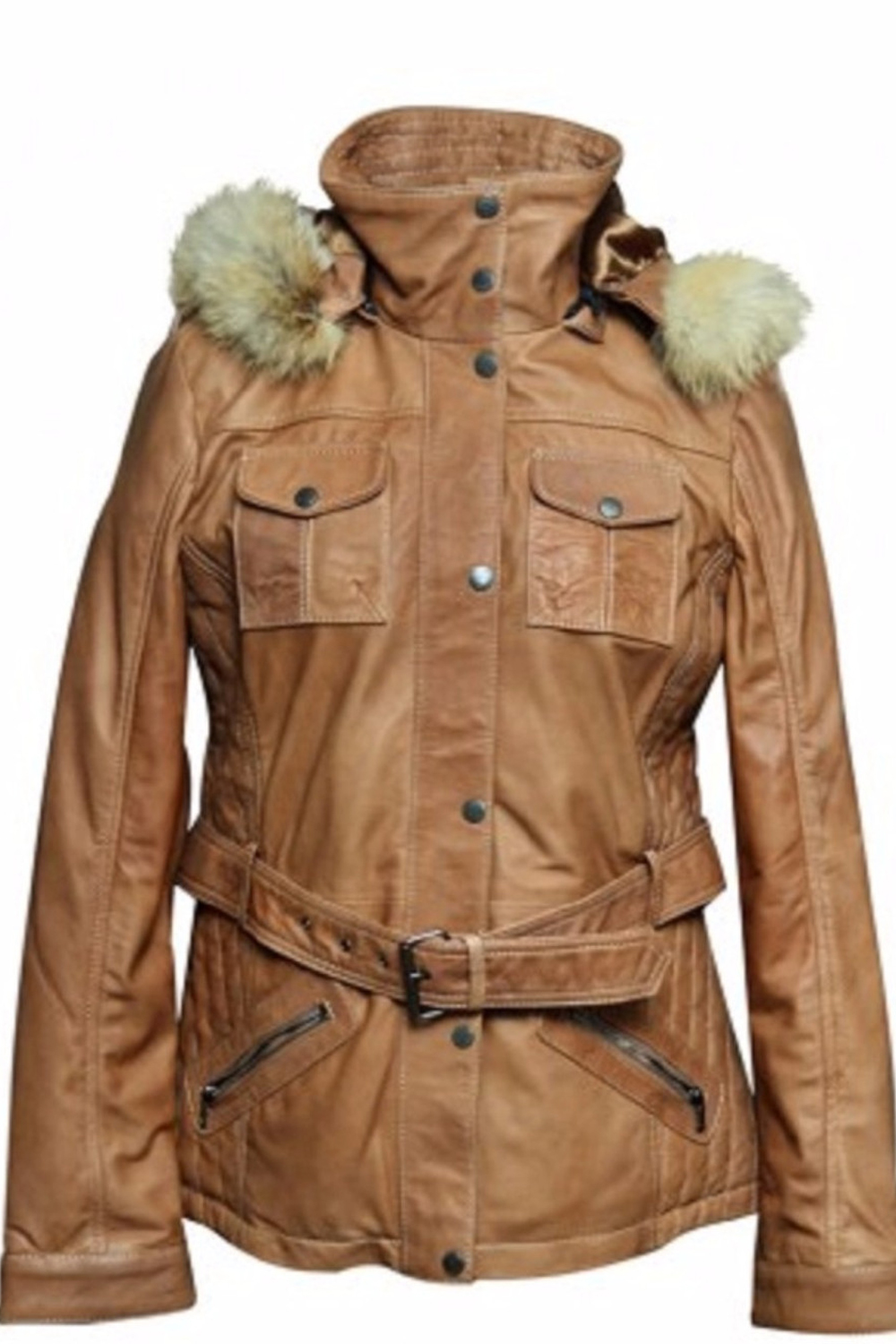 Women's Sheepskin Leather Coat with Removable Hood