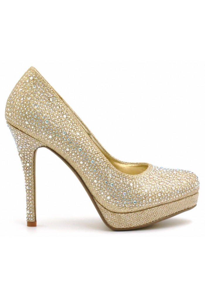 Womens Sparkly Diamante Party Bridal Wedding Gold Court Shoes