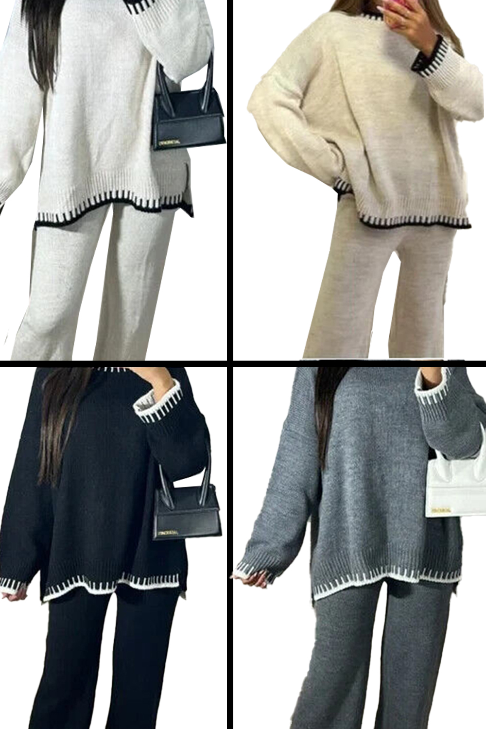 Women's Stitched Knitted Jumper Top Wide Leg Trousers 2PCS Co-Ord Lounge wear Set