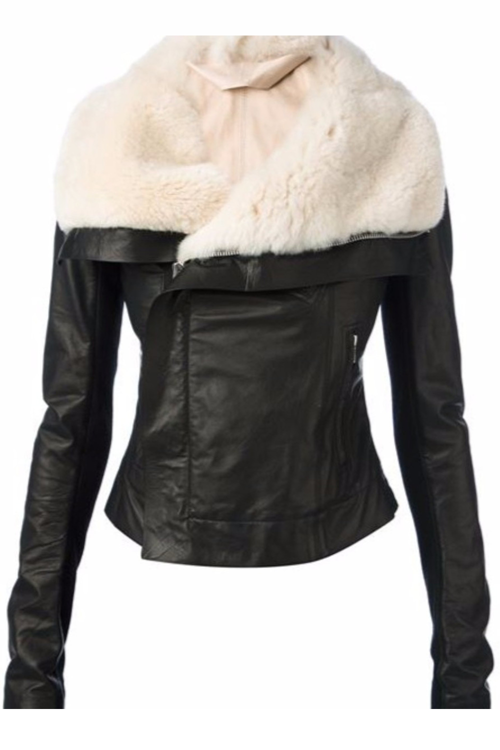 Women's Wide Fur Collar Black Leather Jacket