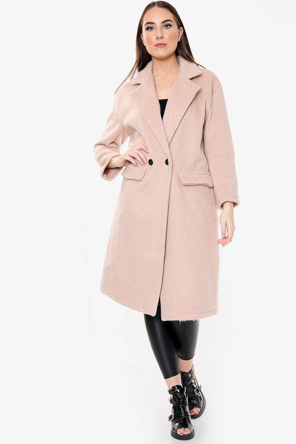 Nude Wool Button Front Long Line Coat