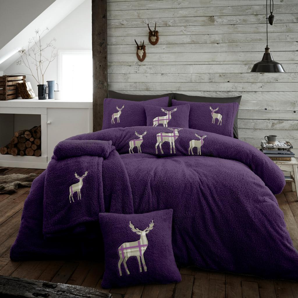 XMAS Stag Embroidered Teddy Bear Purple Fleece Soft Duvet Set